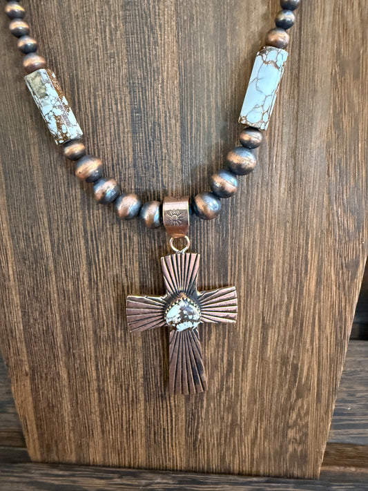 Wild Horse Dahlia Genuine Copper 6mm Beaded Pendant Necklace with Cross
