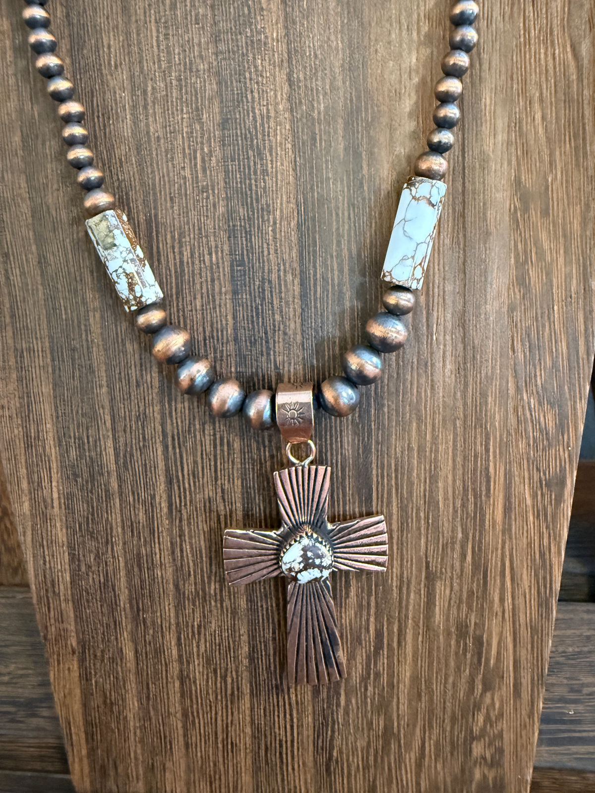 Wild Horse Dahlia Genuine Copper 6mm Beaded Pendant Necklace with Cross