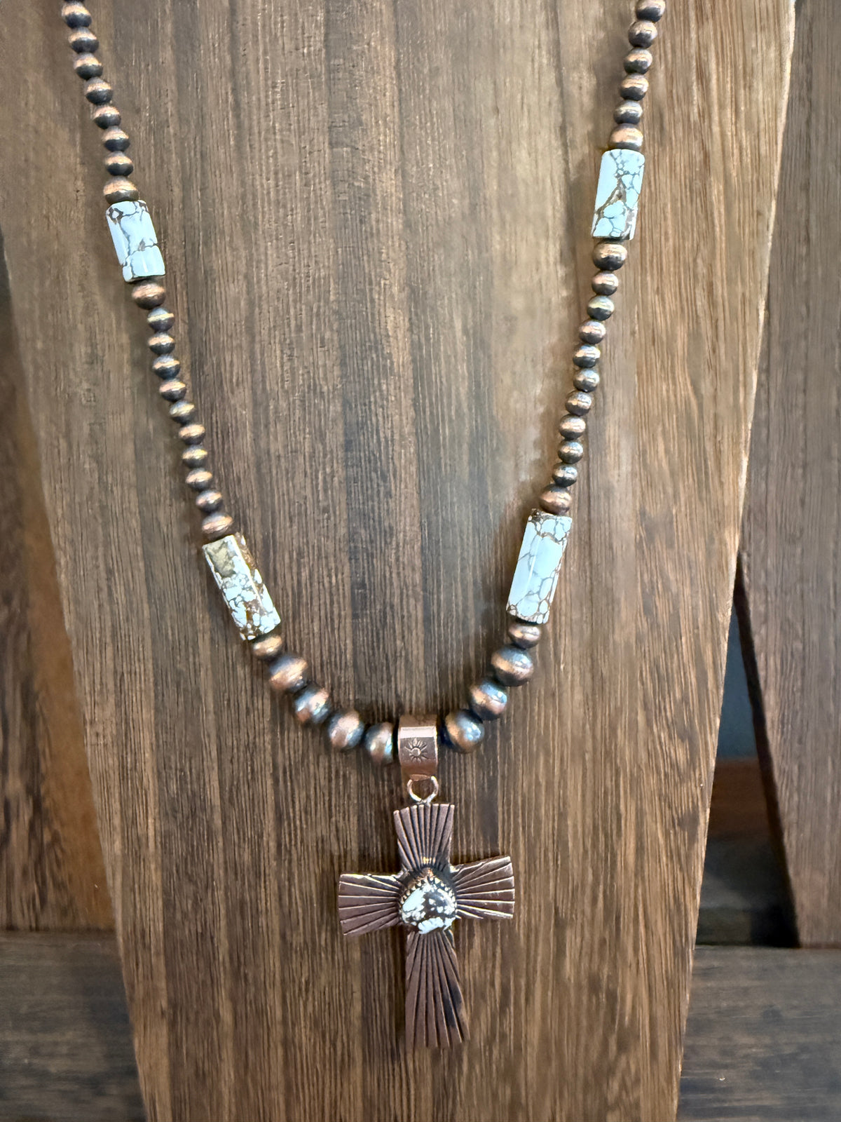 Wild Horse Dahlia Genuine Copper 6mm Beaded Pendant Necklace with Cross