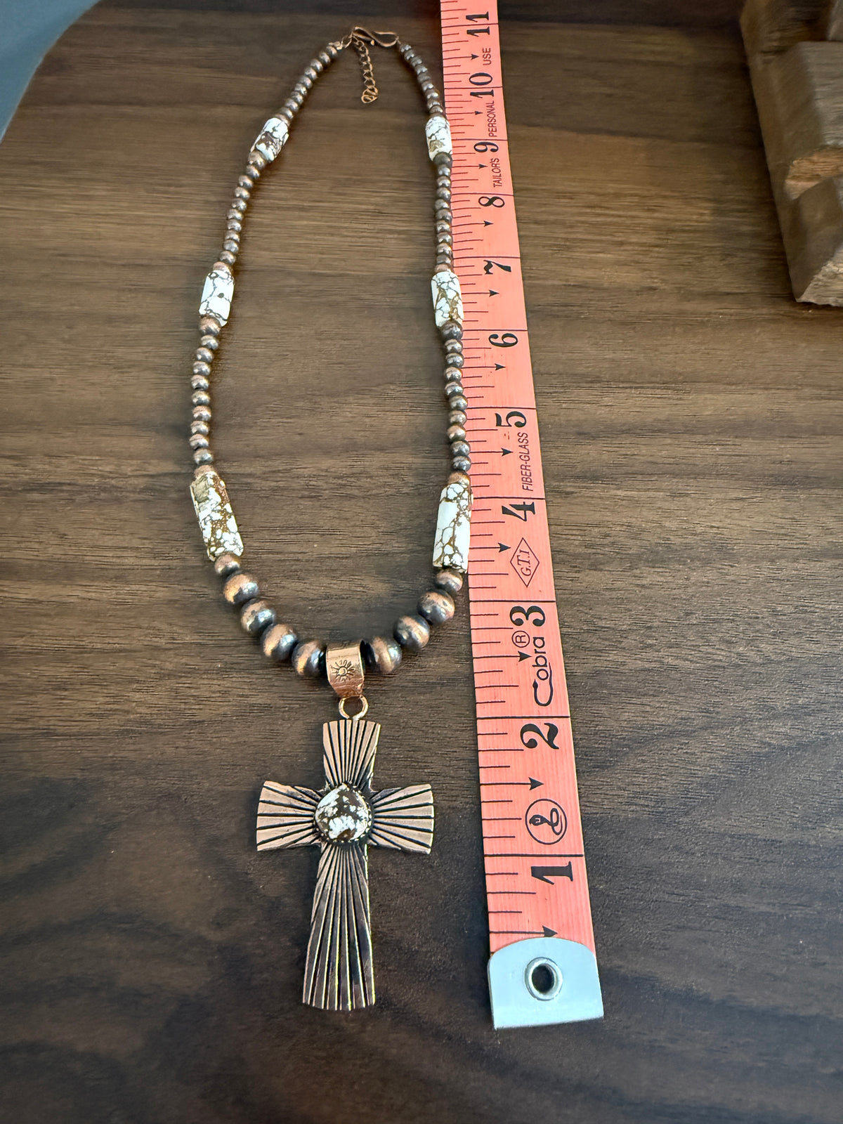 Wild Horse Dahlia Genuine Copper 6mm Beaded Pendant Necklace with Cross