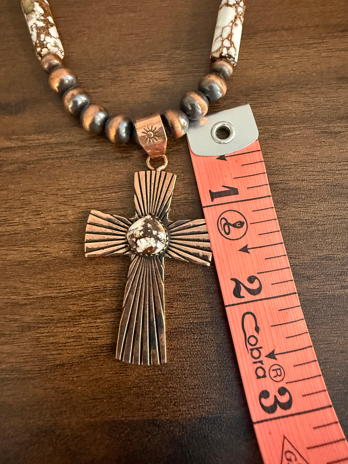 Wild Horse Dahlia Genuine Copper 6mm Beaded Pendant Necklace with Cross