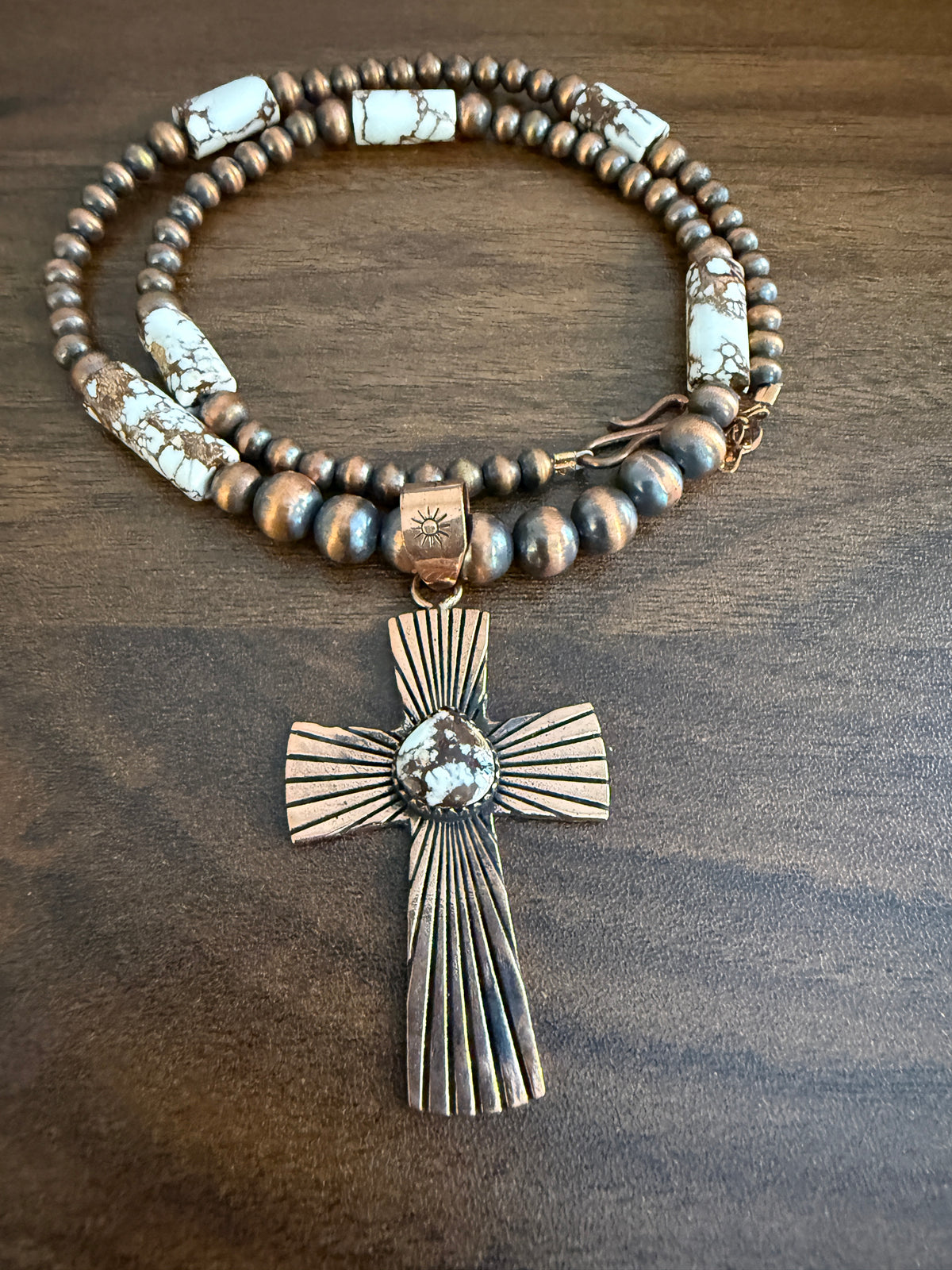 Wild Horse Dahlia Genuine Copper 6mm Beaded Pendant Necklace with Cross