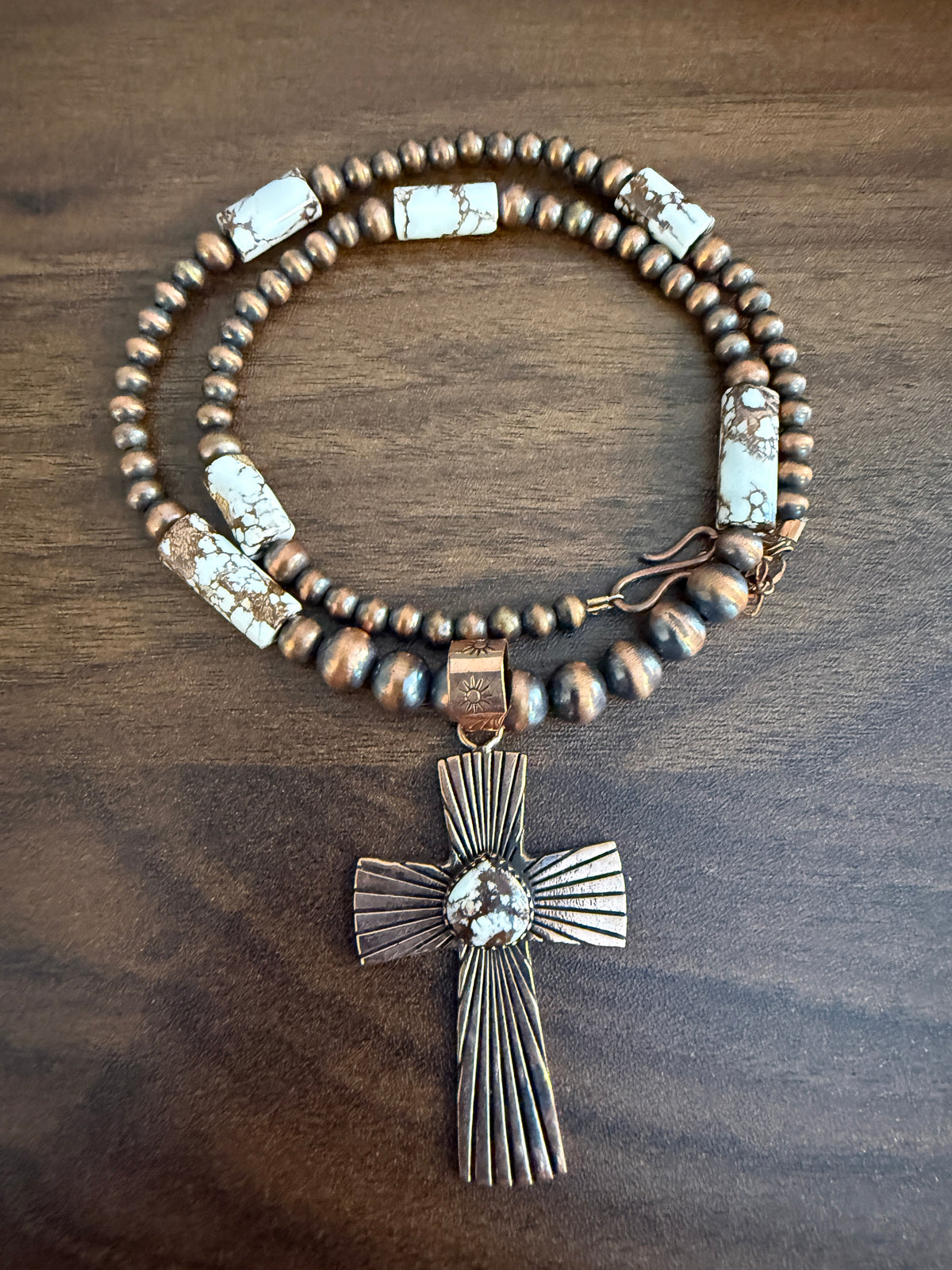 Wild Horse Dahlia Genuine Copper 6mm Beaded Pendant Necklace with Cross