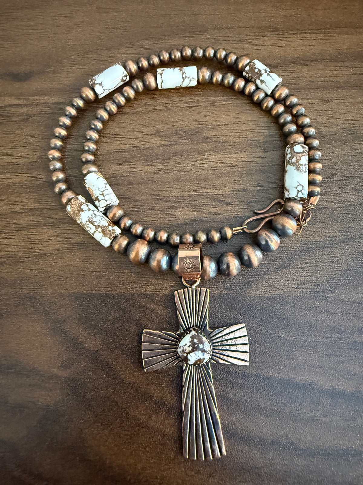 Wild Horse Dahlia Genuine Copper 6mm Beaded Pendant Necklace with Cross