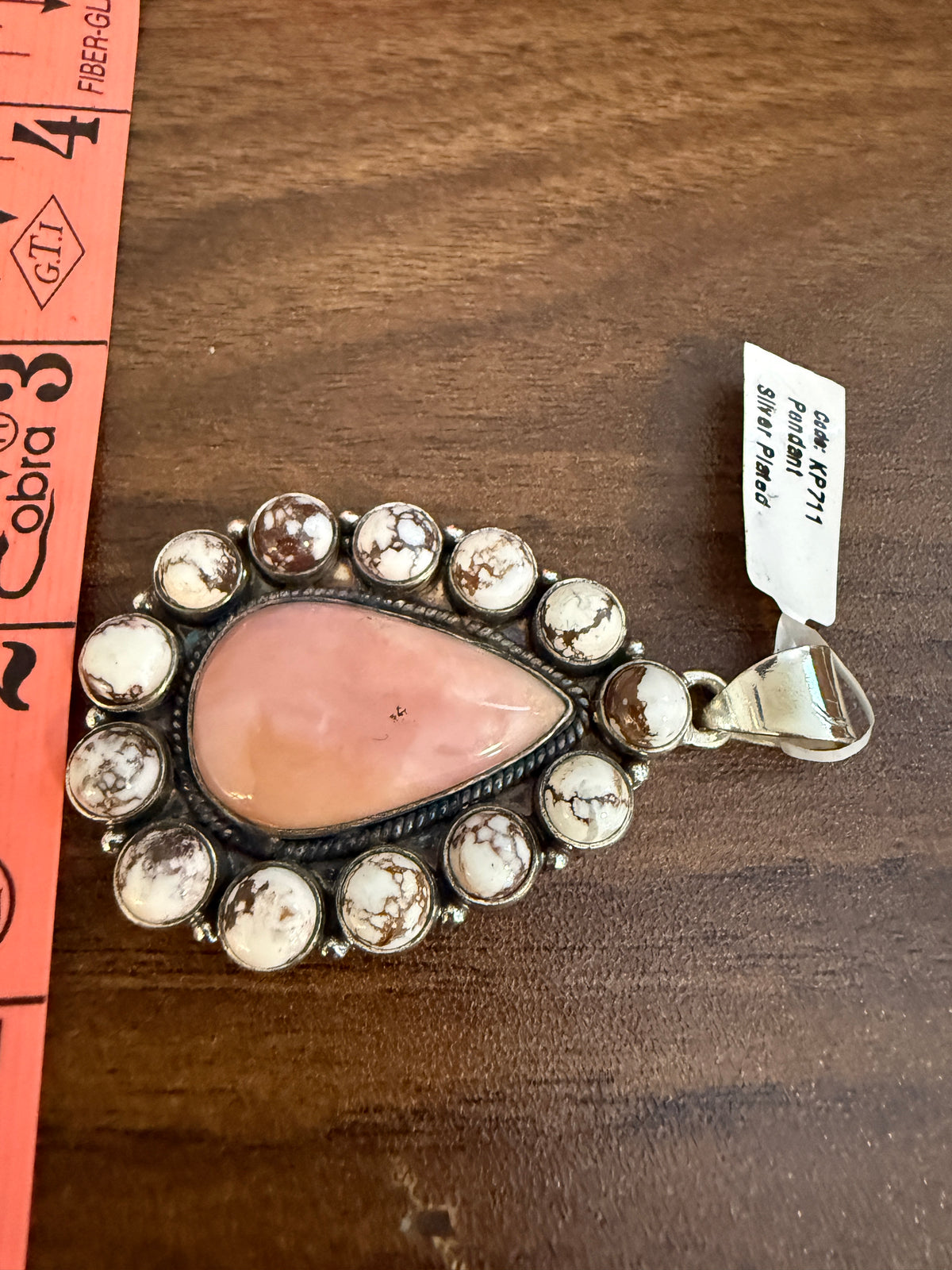 Pink Opal and Wild Horse Dahlia Pendant Silver Plated