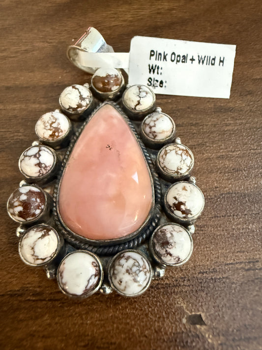 Pink Opal and Wild Horse Dahlia Pendant Silver Plated