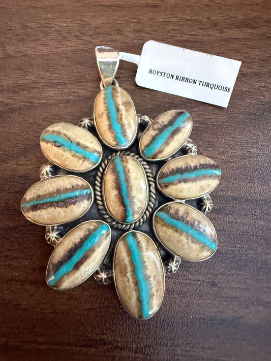Royston Ribbon Turquoise Gemstone Huge Statement Pendant in Sterling Silver