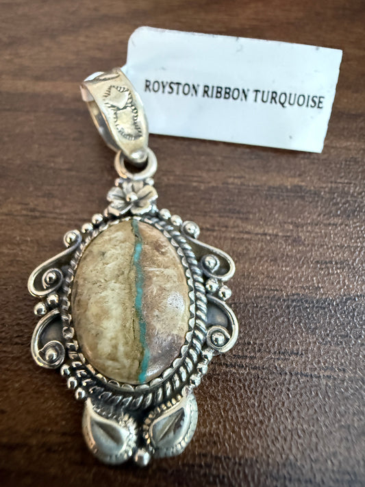 Royston Ribbon Turquoise Gemstone Necklace Pendant in Sterling Silver