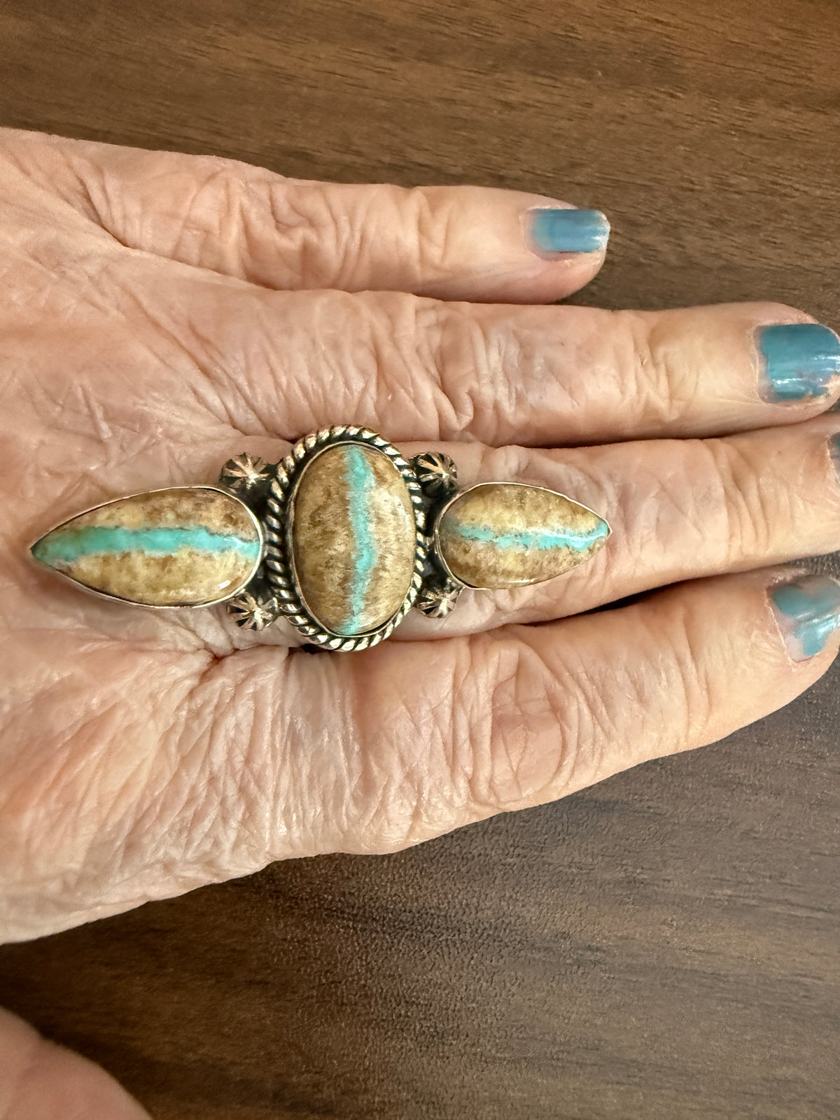 Royston Ribbon Turquoise Gemstone Three Stone Adjustable Ring in Sterling Silver
