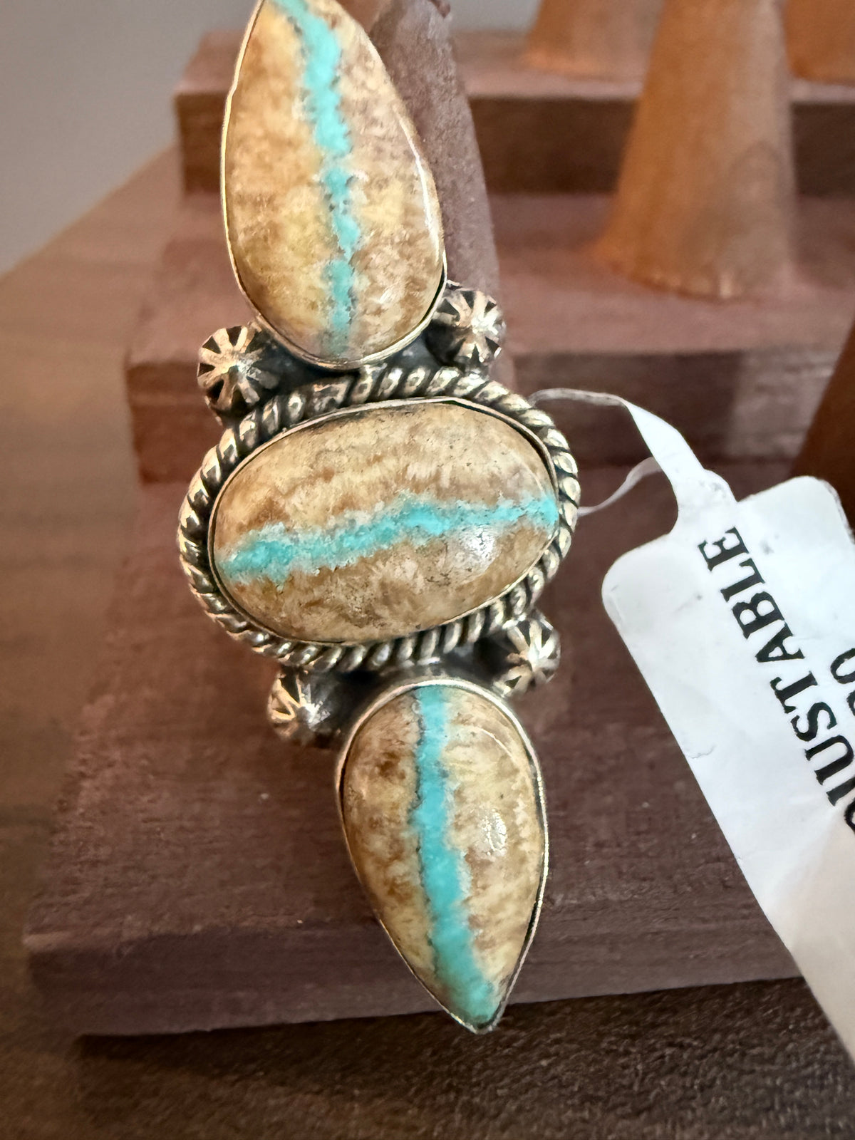 Royston Ribbon Turquoise Gemstone Three Stone Adjustable Ring in Sterling Silver