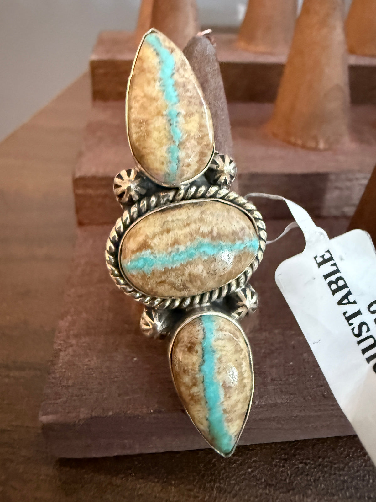 Royston Ribbon Turquoise Gemstone Three Stone Adjustable Ring in Sterling Silver