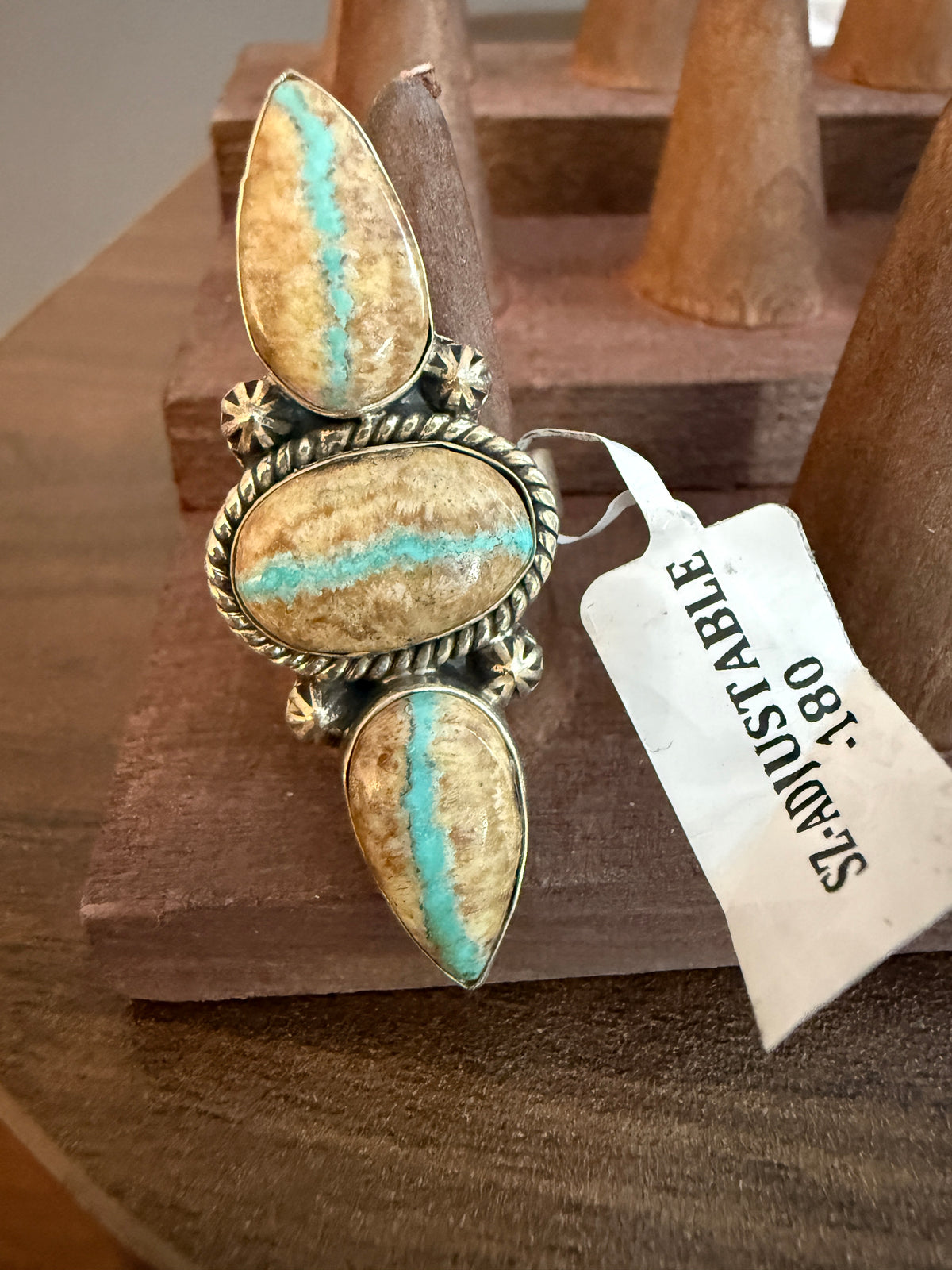 Royston Ribbon Turquoise Gemstone Three Stone Adjustable Ring in Sterling Silver