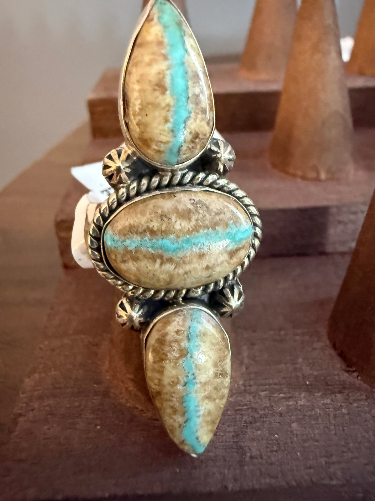 Royston Ribbon Turquoise Gemstone Three Stone Adjustable Ring in Sterling Silver