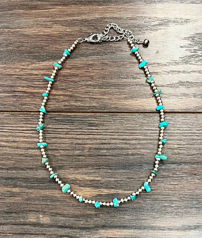 Handmade Navajo Style Turquoise Chip Necklace With Silver Tone Beads 16 To 21 Inches Wild West Boho