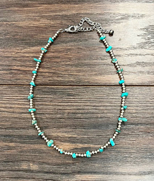 Handmade Navajo Style Turquoise Chip Necklace With Silver Tone Beads 16 To 21 Inches Wild West Boho