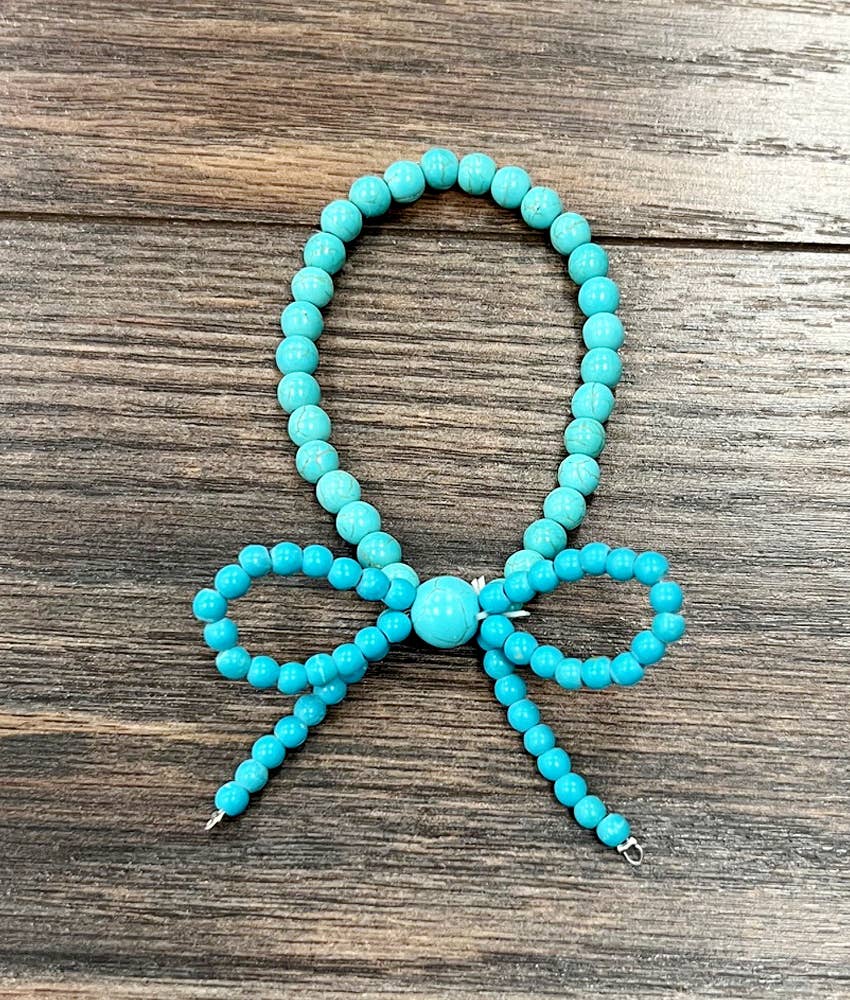 Handmade Ribbon Bow Beaded Stretch Bracelet in Turquoise, Southwestern Cowgirl, Ships in Gift Box Silver Elegant