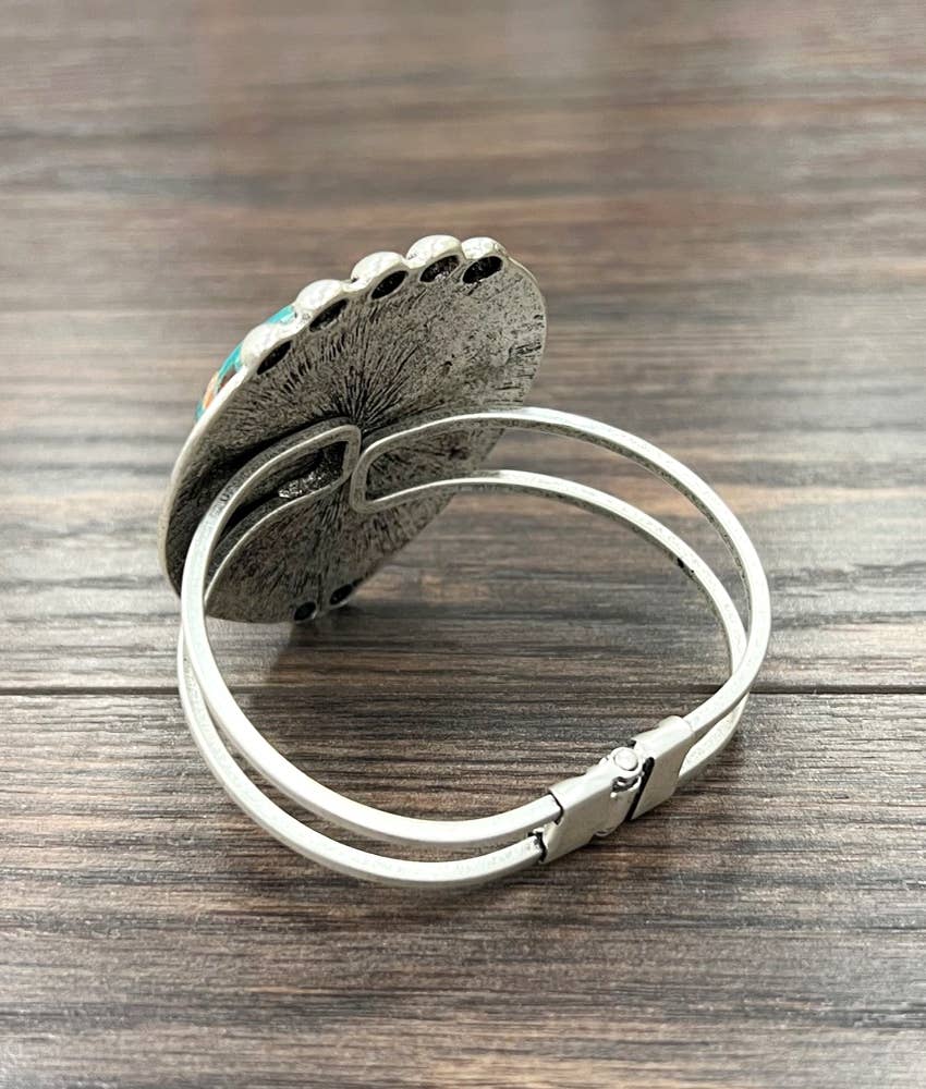 Navajo Natural Gemstone Brass Cuff Bracelet Antique Silver Plate Silver Elegant