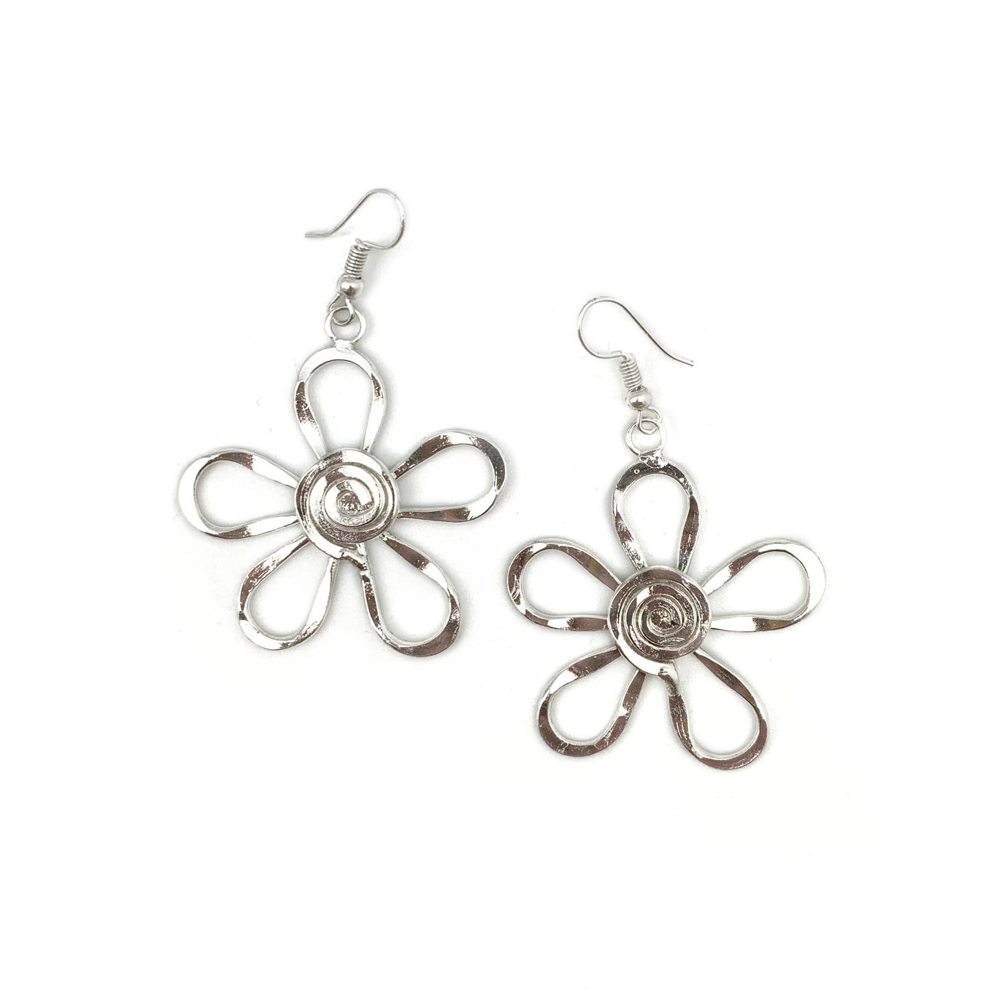 Silver Plated Earrings Spiral Center Flower Handcrafted Disco Vibes Jewelry Anju Jewelry