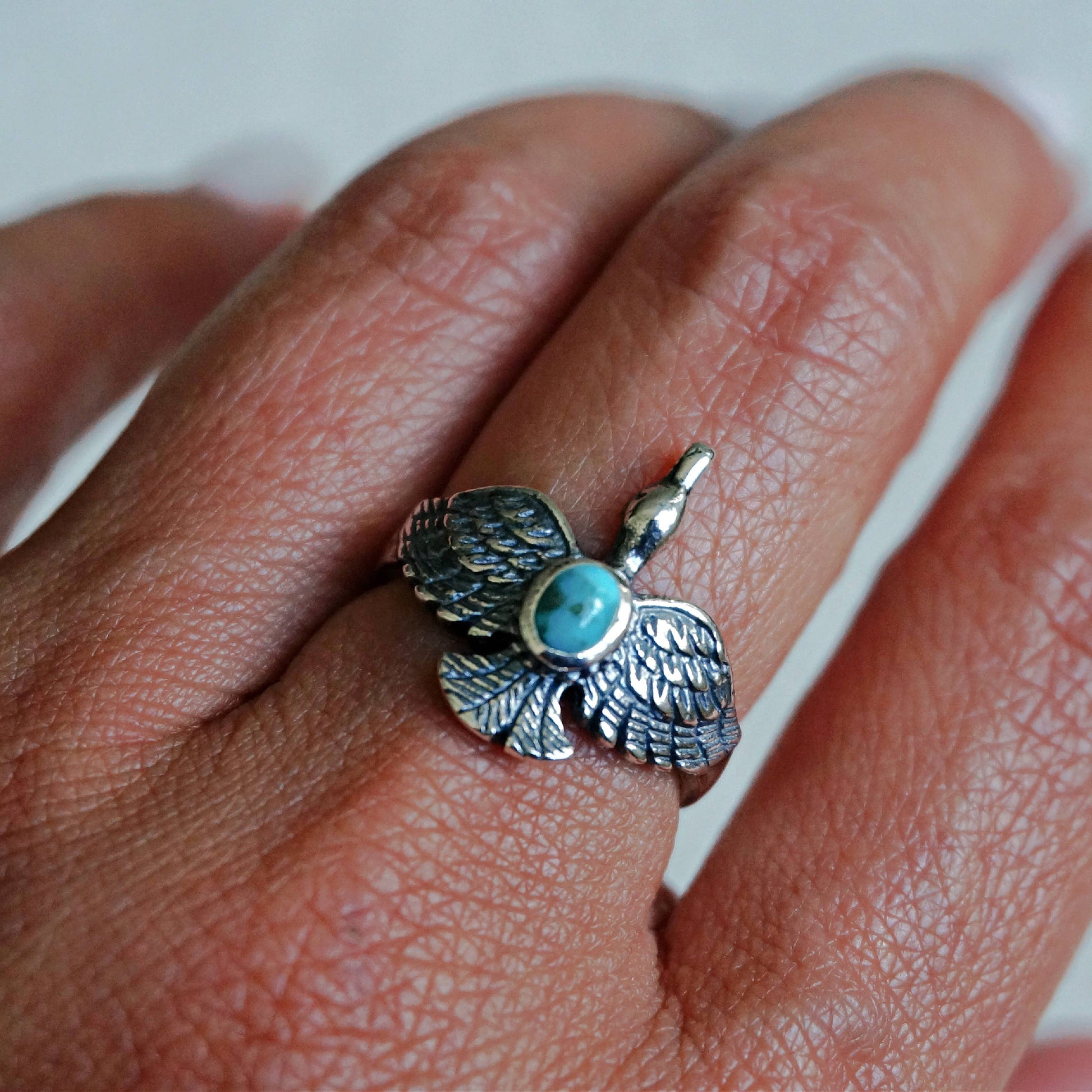 Boho Chic Native Inspired Guardian Hawk Turquoise Ring: Size 7, 8,10, Gift Box Silver Elegant