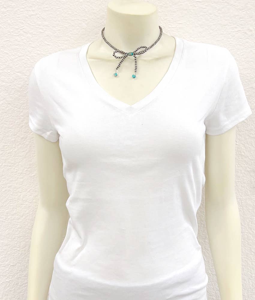 Handmade Ribbon Bow Necklace with Tiny Silver Pearl Beads and Gemstones Silver Elegant