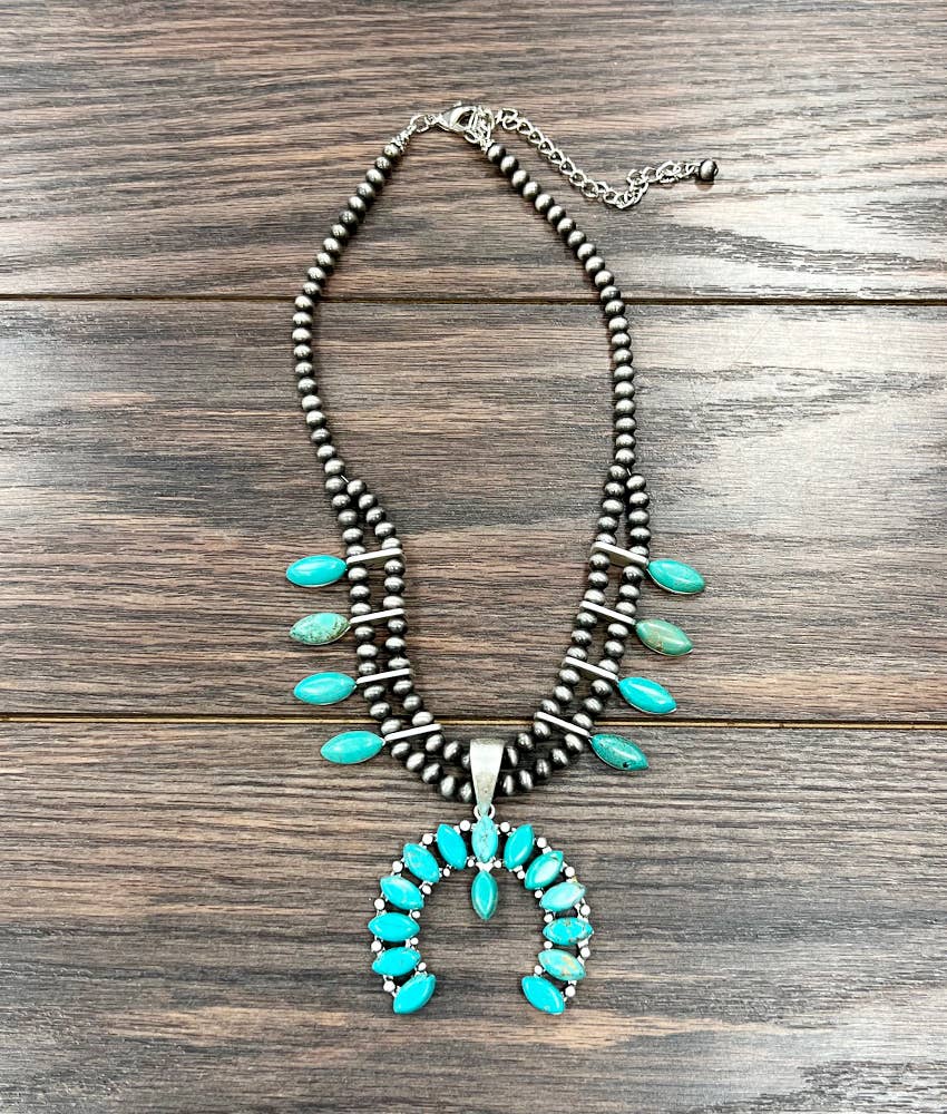 Squash Blossom Turquoise Necklace 18 to 23 Inch Extender Silver Elegant