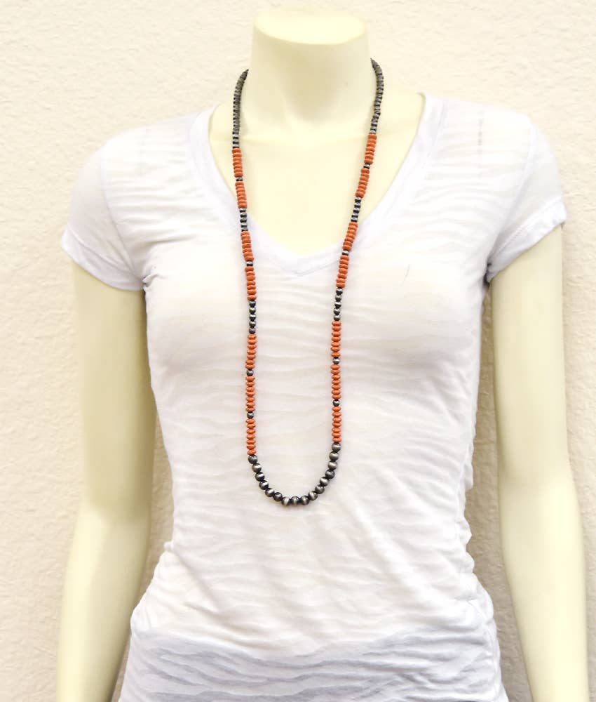 Handmade Navajo Style Orange & SilverBead Necklace 36 to 41 Inch Extra Long Silver Elegant