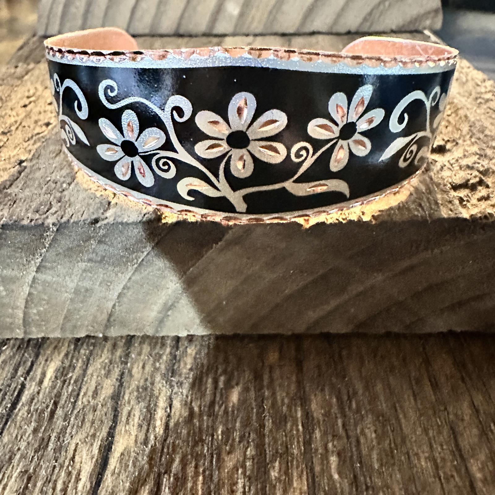 Handcrafted Diamond Cut Black Floral Design Copper Cuff Bracelet Gift Box Silver Elegant
