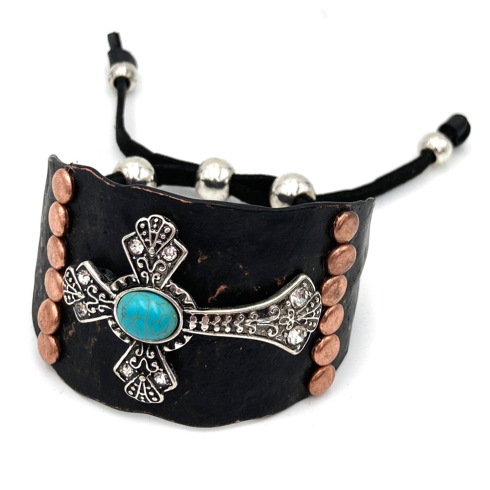 Cross Turquoise Rhinestone Beaded Western Bracelet Cuff With Adjustable Leather Straps In Patina Turquoise Blue And Dark Brown WildWestBoho
