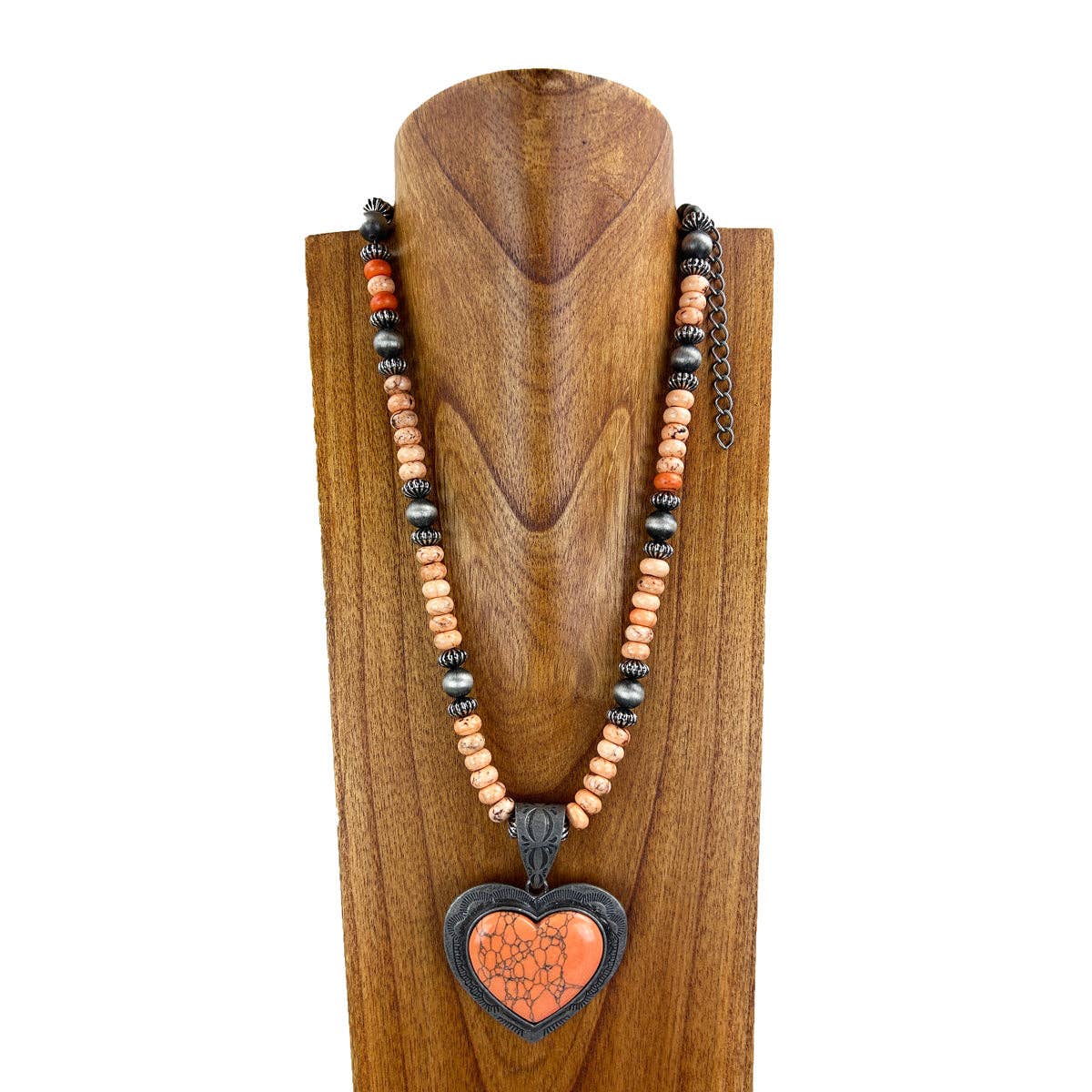 Orange Stone Heart Pendant Necklace With Navajo Style Pearls 26 Inch Wild West Boho