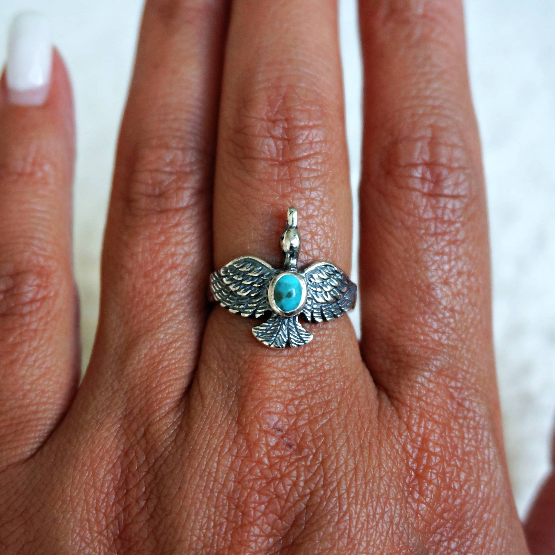 Boho Chic Native Inspired Guardian Hawk Turquoise Ring: Size 7, 8,10, Gift Box Silver Elegant