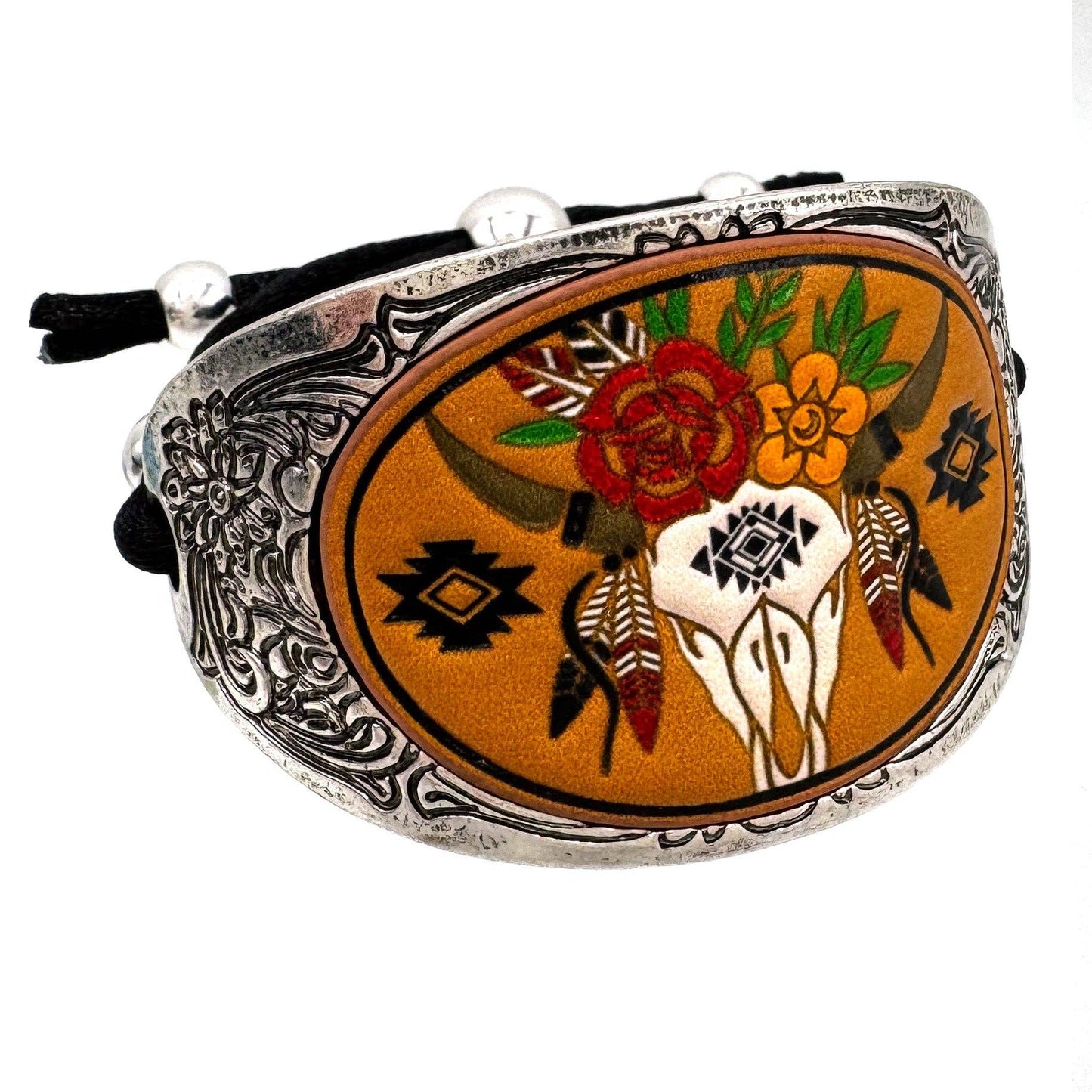 Western Longhorn Skull Leather Carved Cuff Bracelet for Cowboys and Cowgirls WildWestBoho