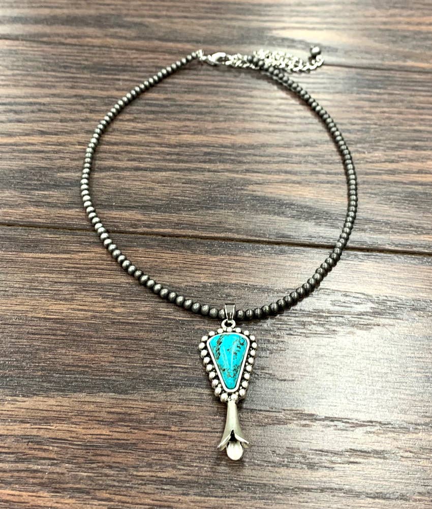 Handmade Squash Blossom Turquoise 4mm Necklace With Navajo Style Bead Pendant Wild West Boho