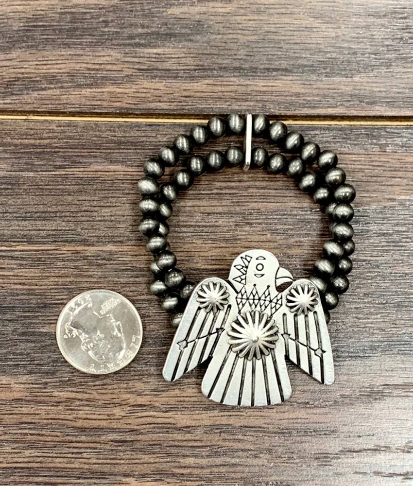 Navajo Thunderbird Beaded Stretch Bracelet, Native American Bold Style, Ships in Gift Box Silver Elegant