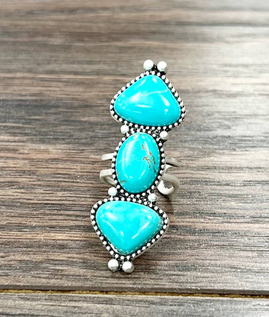 Two Inch Navajo Turquoise Ring Brass Dual Adjustable Band Silver Elegant