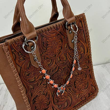 PC260418-17       12'' Silver metal chain with orange turquoise stone squash blossom charms Purse chain Western Elite Jewelry