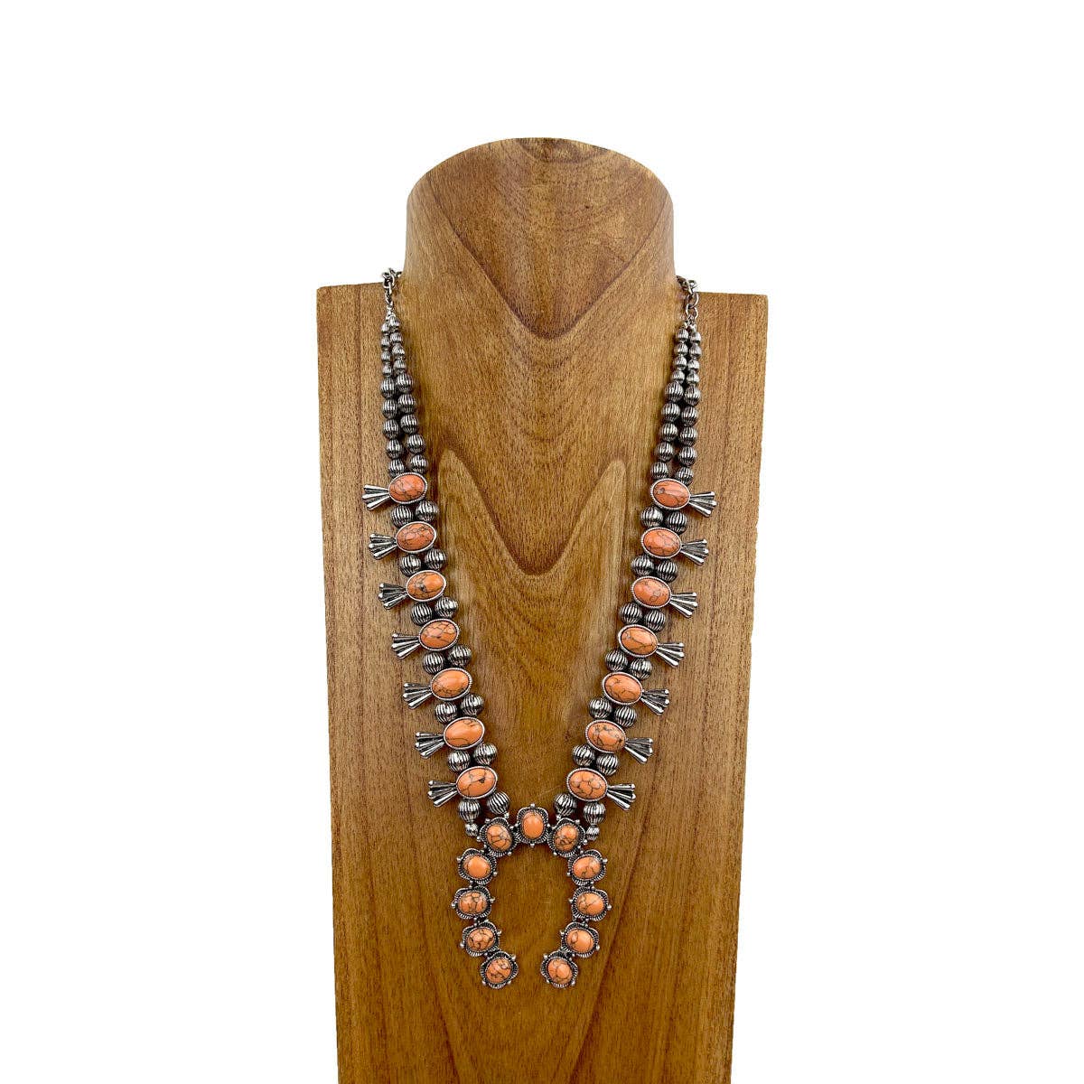 Orange Stone Squash Blossom Necklace, Faux Silver Pearl Beads Wild West Boho