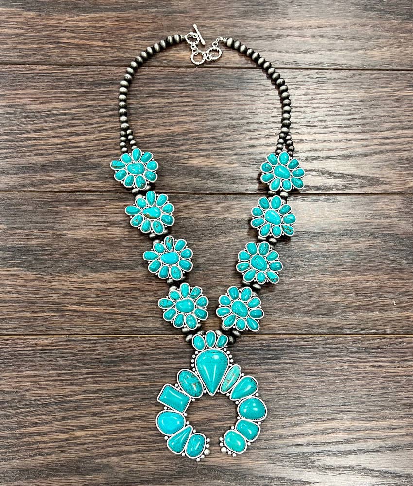 Handmade Squash Blossom Pearl Turquoise Necklace 30 Inch Long Silver Elegant