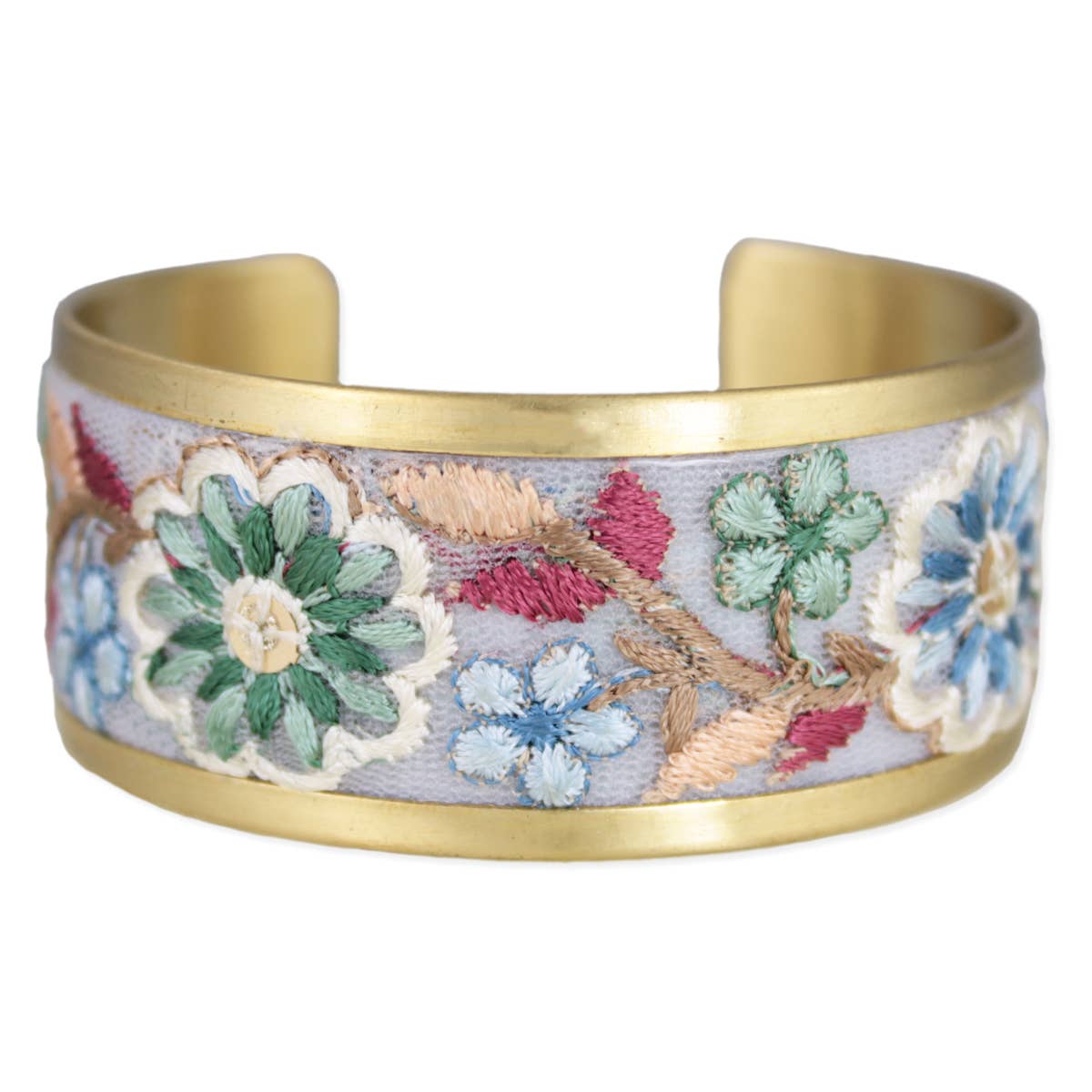 Pastel Blue And Mint Embroidered Fabric Cuff Bracelet Gold Edge Wild West Boho