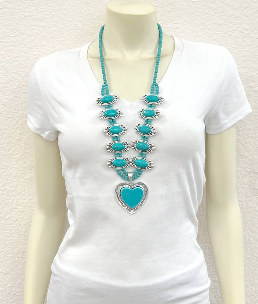 Squash Blossom Turquoise Necklace 30 Inch Long 2.5 Inch Pendant Silver Elegant