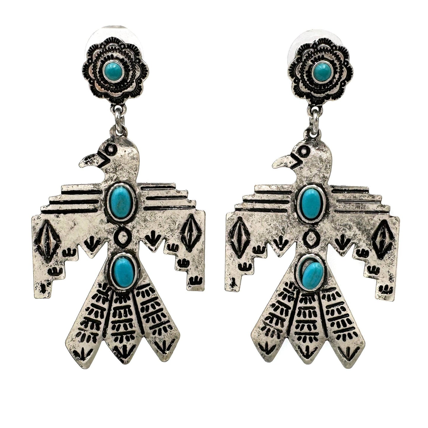 Metal Native Thunderbird Post Dangle Earrings in Red Silver Elegant