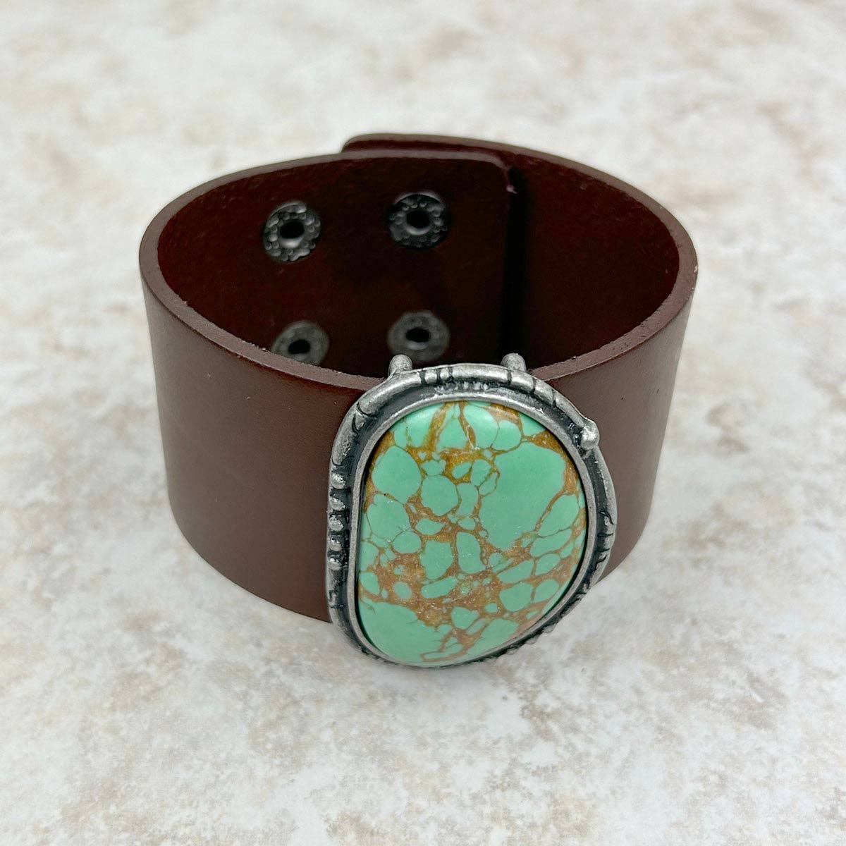 Natural Green Stone Dark Brown Leather Cuff Bracelet, Leather Accessories WildWestBoho
