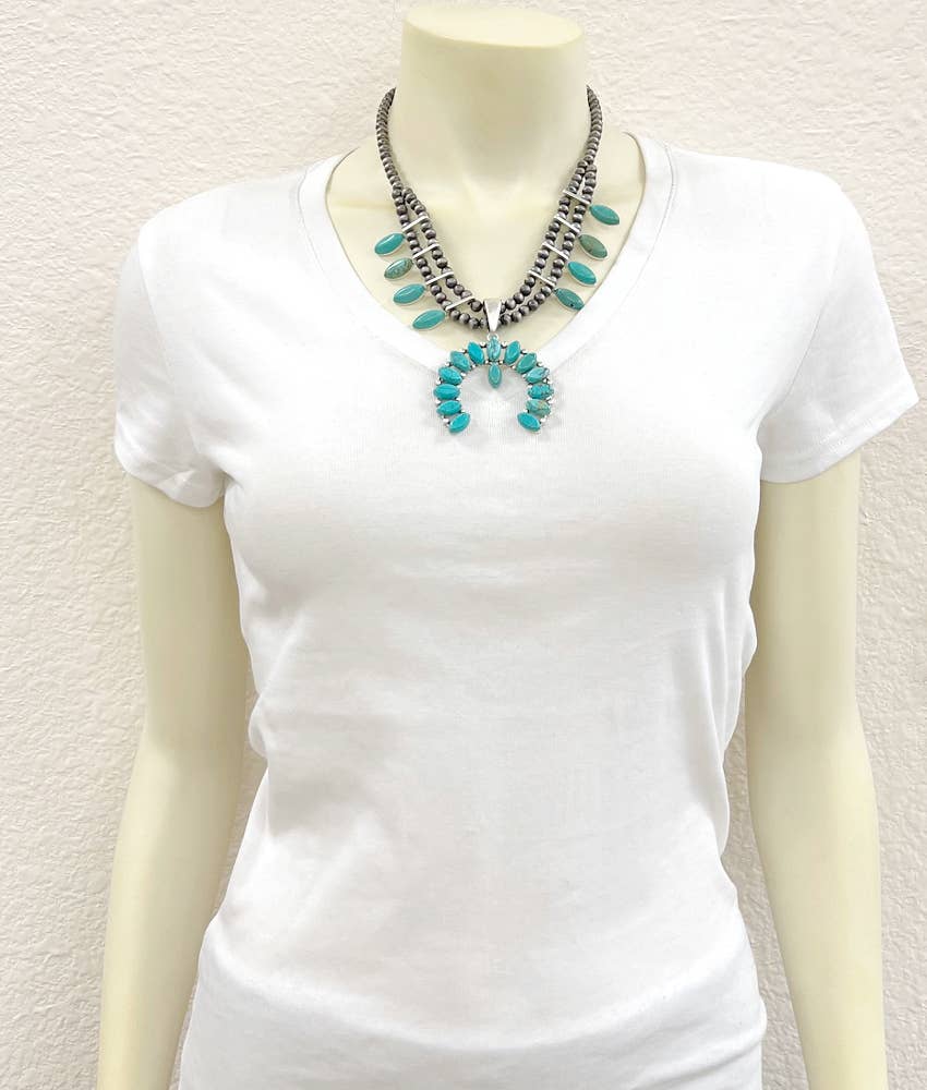 Squash Blossom Turquoise Necklace 18 to 23 Inch Extender Silver Elegant