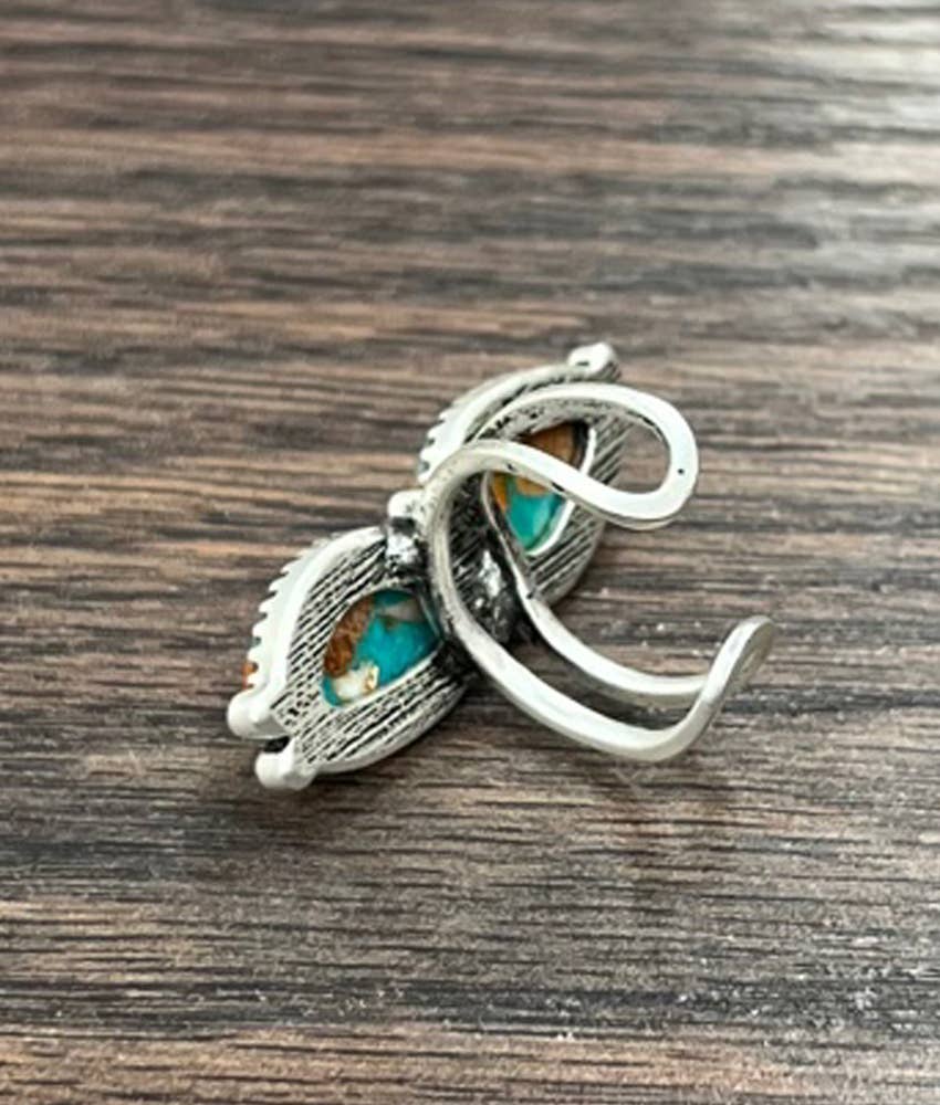 Southwestern Gemstone Adjustable Ring with Brass Dual Band, Statement Cuff Ring Silver Elegant