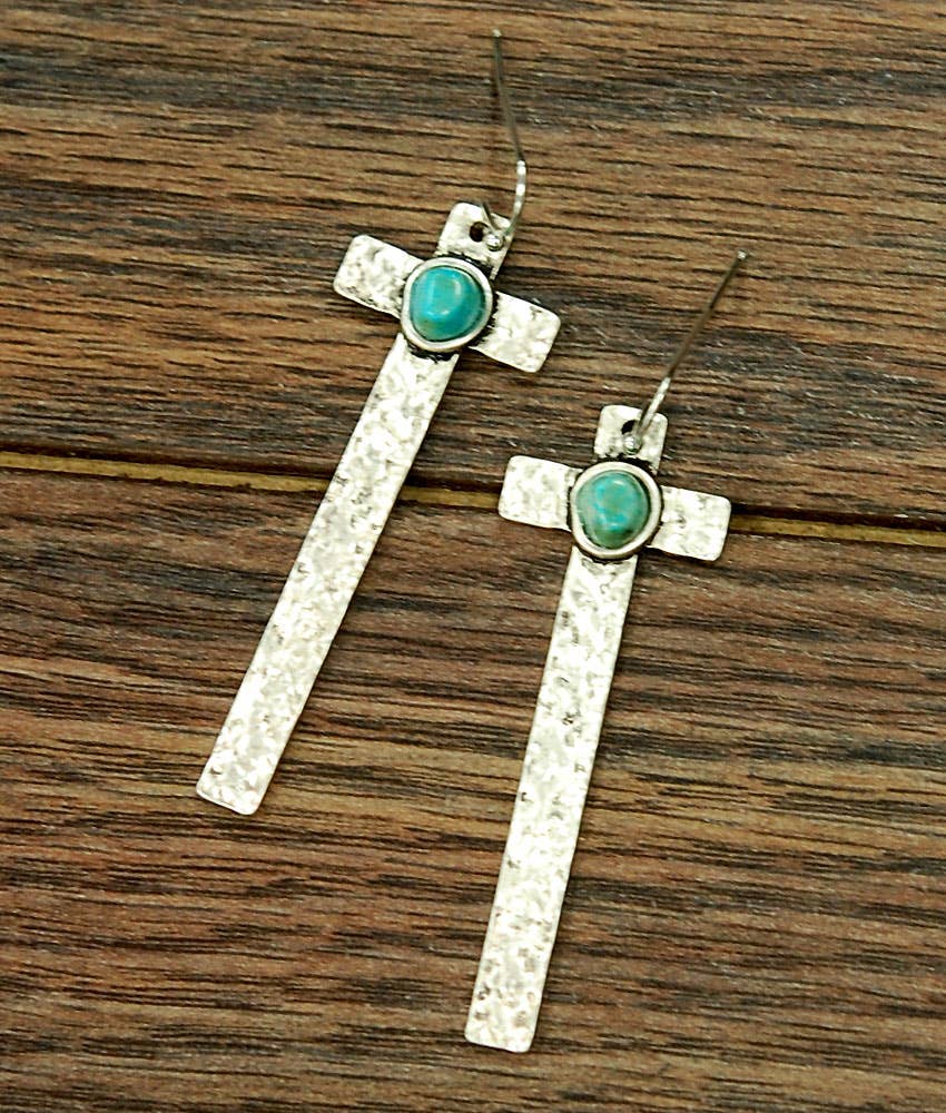Cross Turquoise Earrings with Hammered Design, Southwestern Religion Earring Silver Elegant