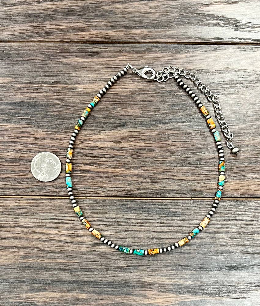 Handmade Navajo Style Bead Necklace With Cylindrical Multicolor Gemstone Beads Silver Elegant