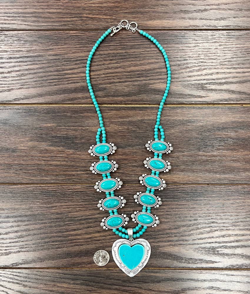 Squash Blossom Turquoise Necklace 30 Inch Long 2.5 Inch Pendant Silver Elegant