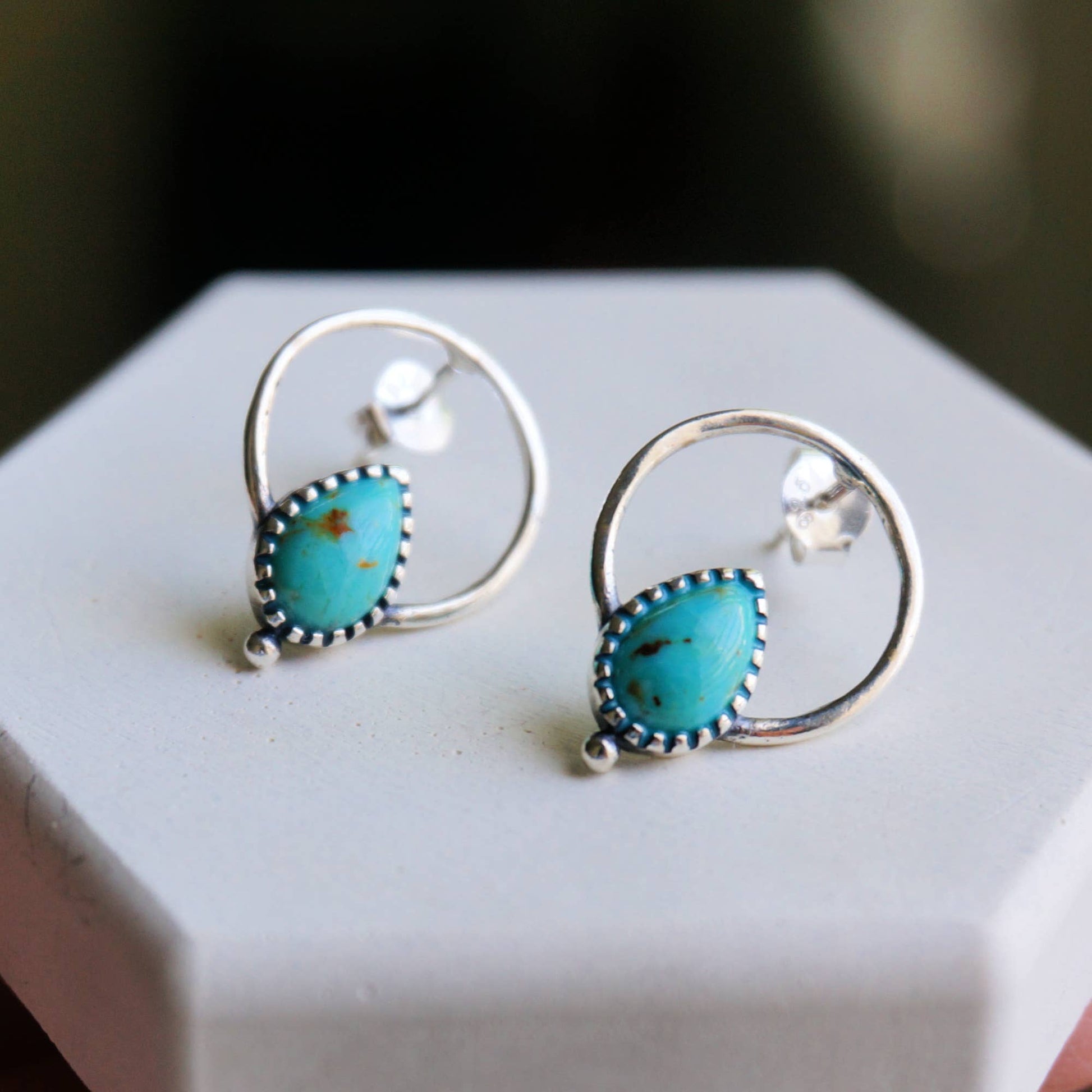 Bohemian Bliss Turquoise Sterling Silver Hoops Stud Earrings, Gift Box Silver Elegant