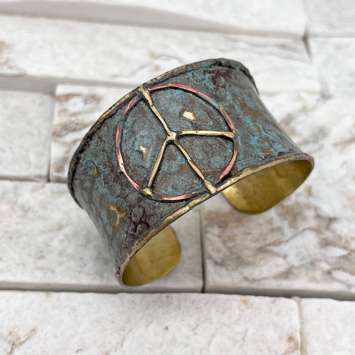 Handcrafted Brass Patina Cuff Bracelet With Rustic Blue Peace Sign Silver Elegant