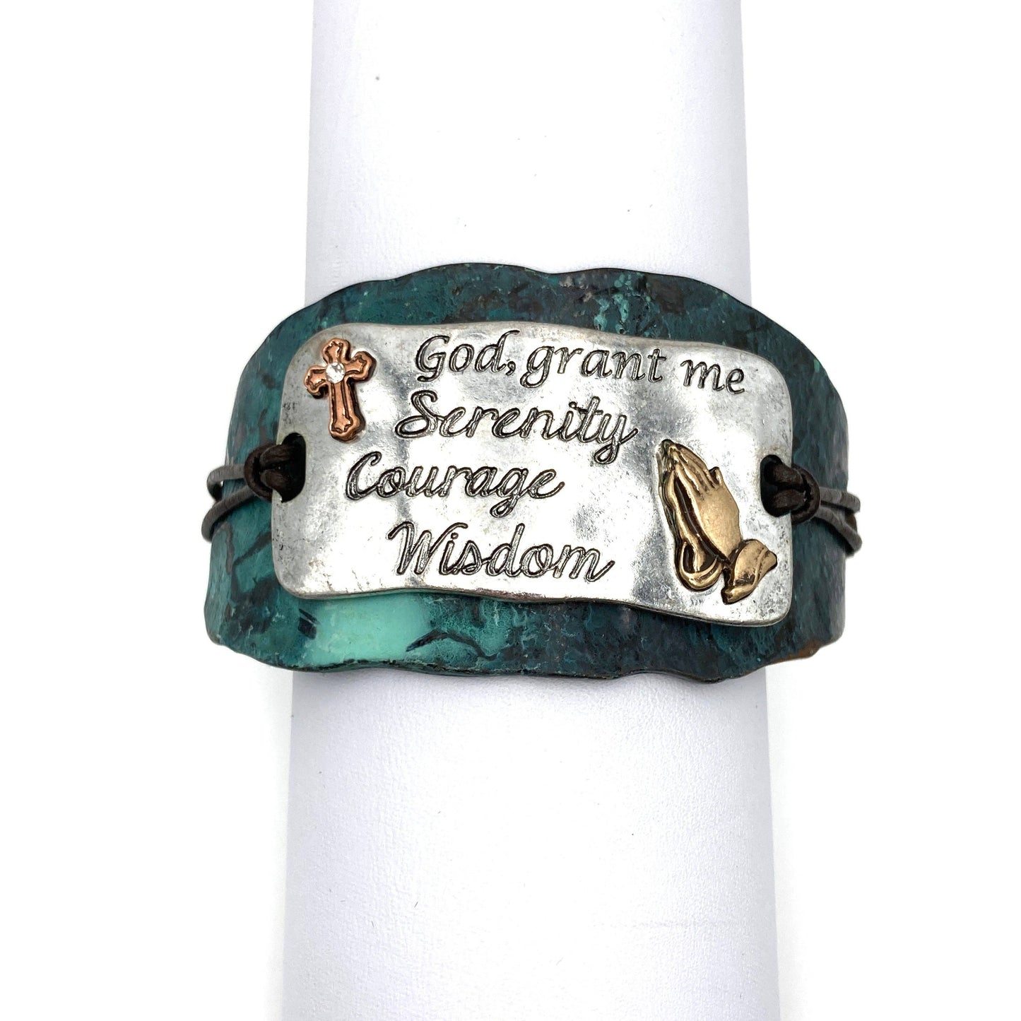 Serenity Prayer Bracelet Cuff in Patina with Copper Cross and Gold Praying Gesture on Silver Plate Leather Adjustable WildWestBoho