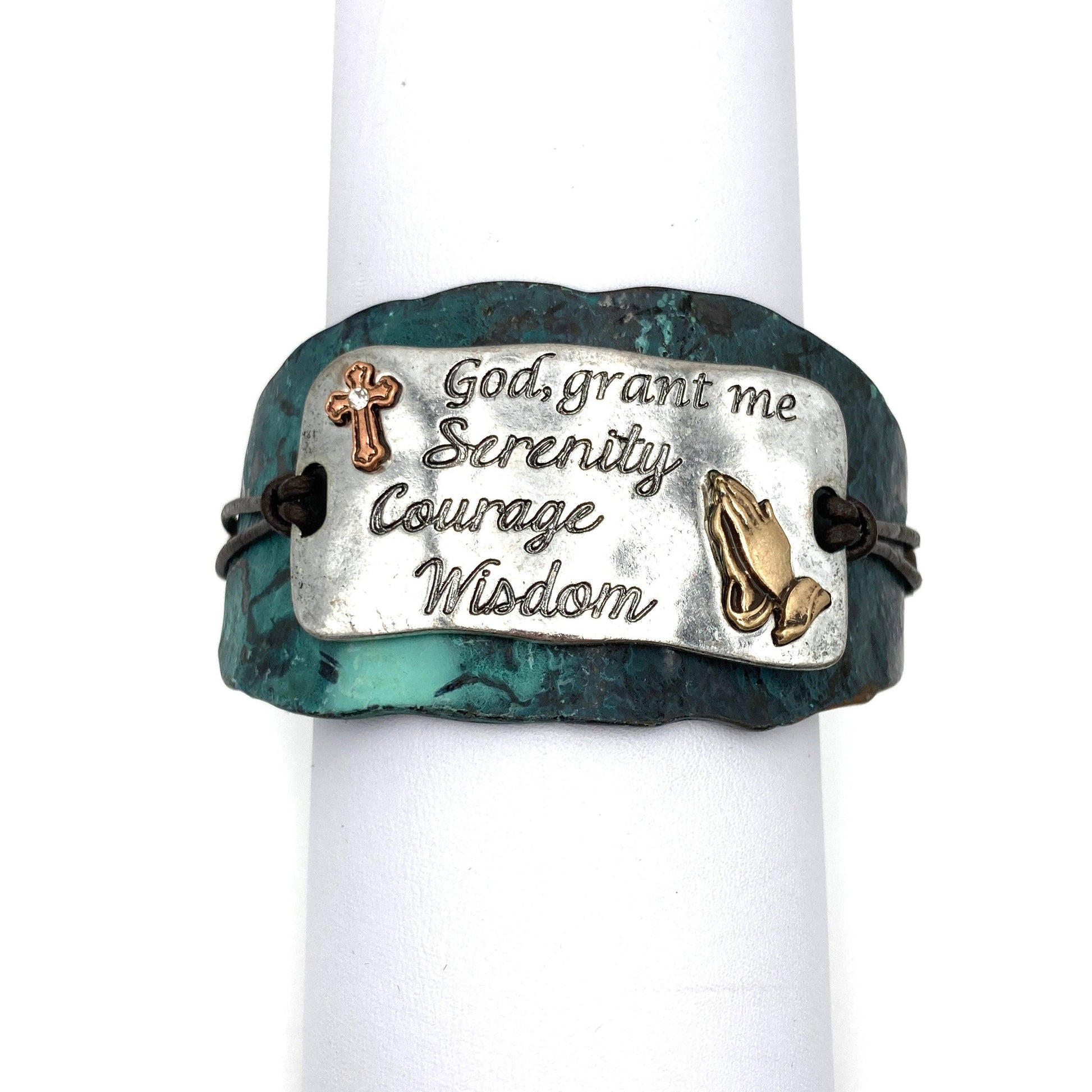 Serenity Prayer Bracelet Cuff in Patina with Copper Cross and Gold Praying Gesture on Silver Plate Leather Adjustable WildWestBoho